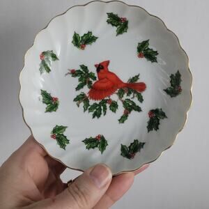 Lefton China Cardinal & Holly Scalloped Candy Dish Bowl 02966 Gold Rim Japan 5"